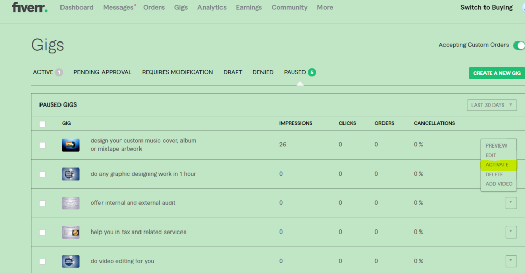 how to active pause gig on fiverr